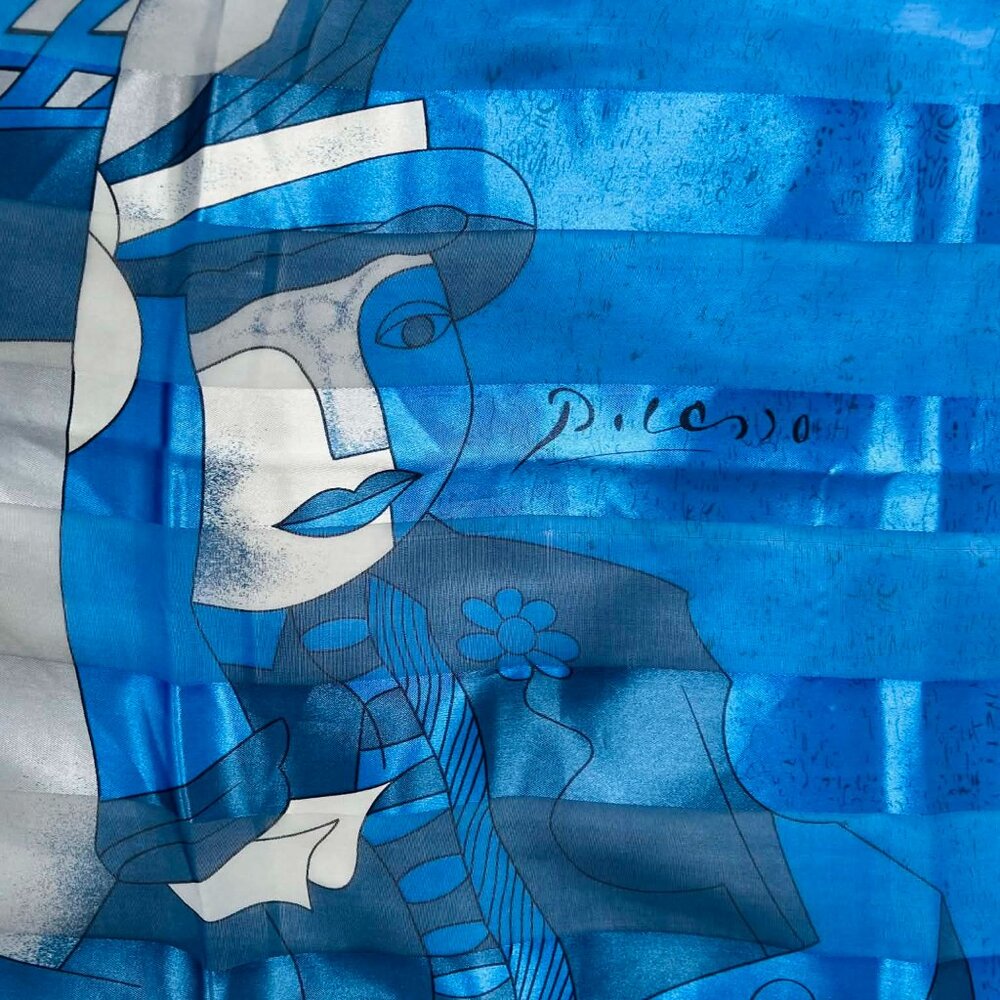 Vintage Picasso Art Cubist Portrait Blue 38" Carré Satin Scarf – Signed Print